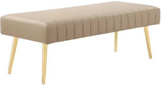 Lida 45 Inch Bench, Modern Tufted Lines, Beige Faux Leather, Gold Metal - Benzara