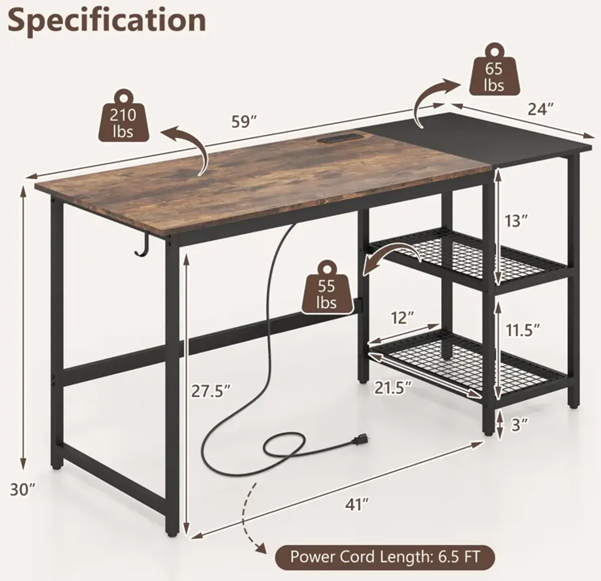 59 Inch Home Office Computer Desk with Removable Storage Shelves-Rustic Brown