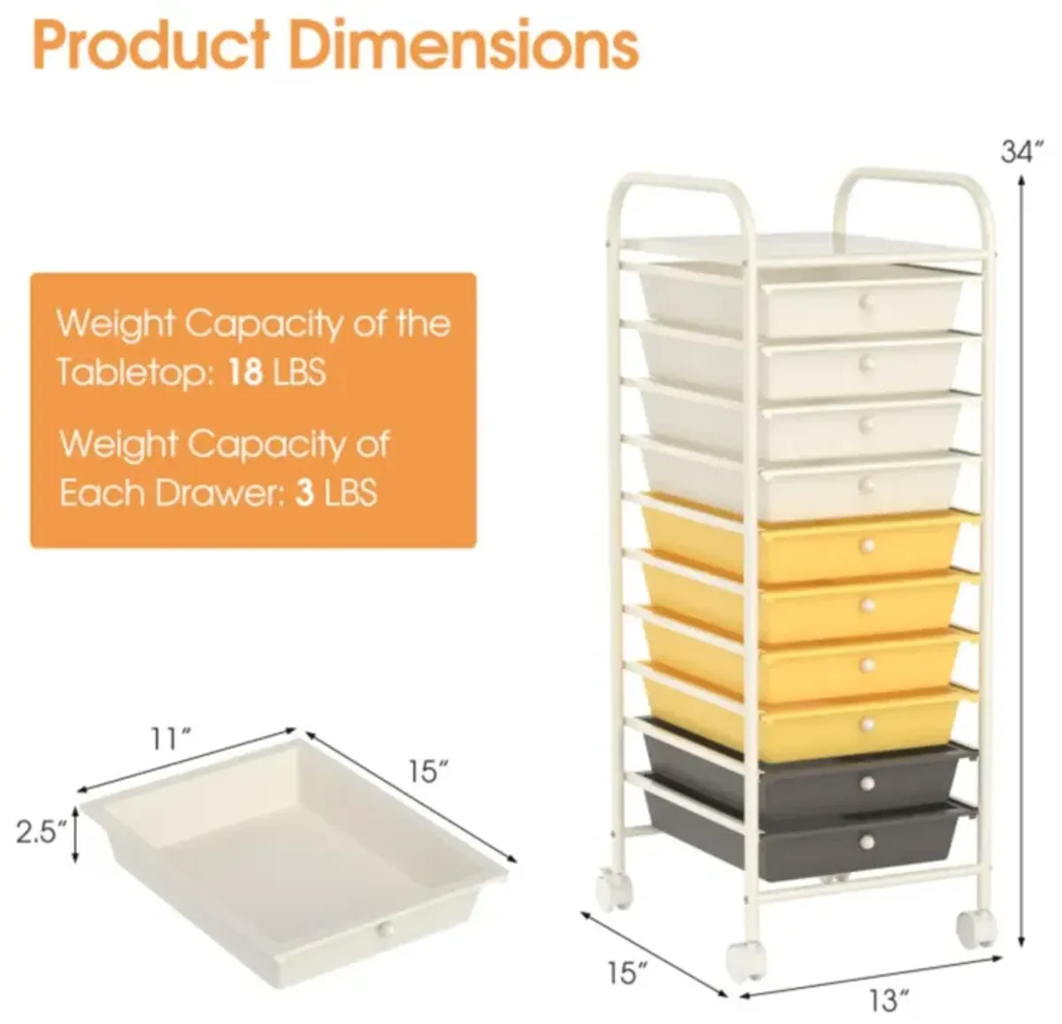 Hivvago 10 Drawer Rolling Storage Cart Organizer with 4 Universal Casters