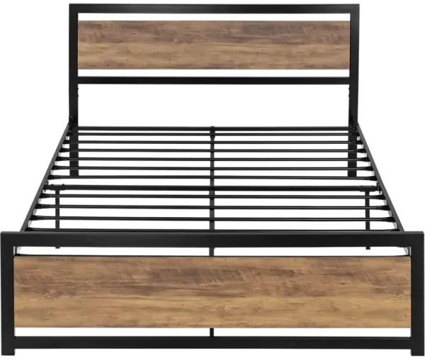 Metal Platform Bed Frame with Wood Panel Headboard and Footboard