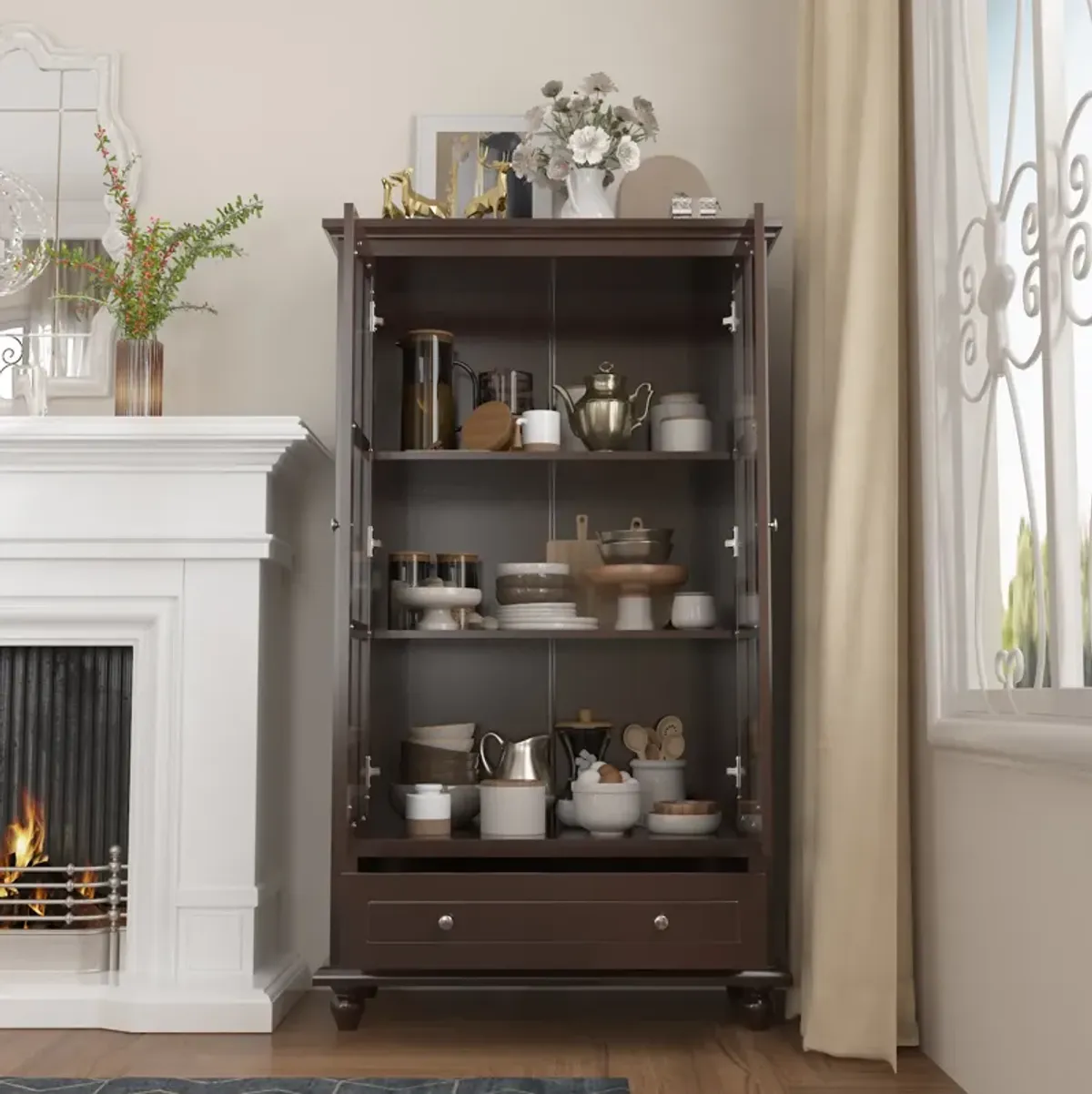 Brown Wood Freestanding Storage Cabinet with Tempered Glass Doors, Adjustable Shelves and Drawer