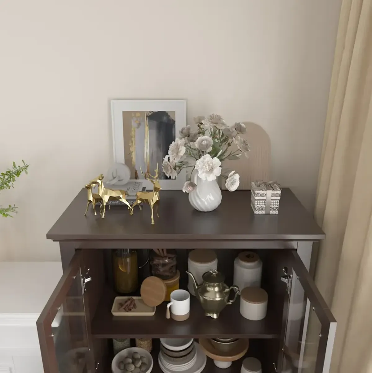 Brown Wood Freestanding Storage Cabinet with Tempered Glass Doors, Adjustable Shelves and Drawer