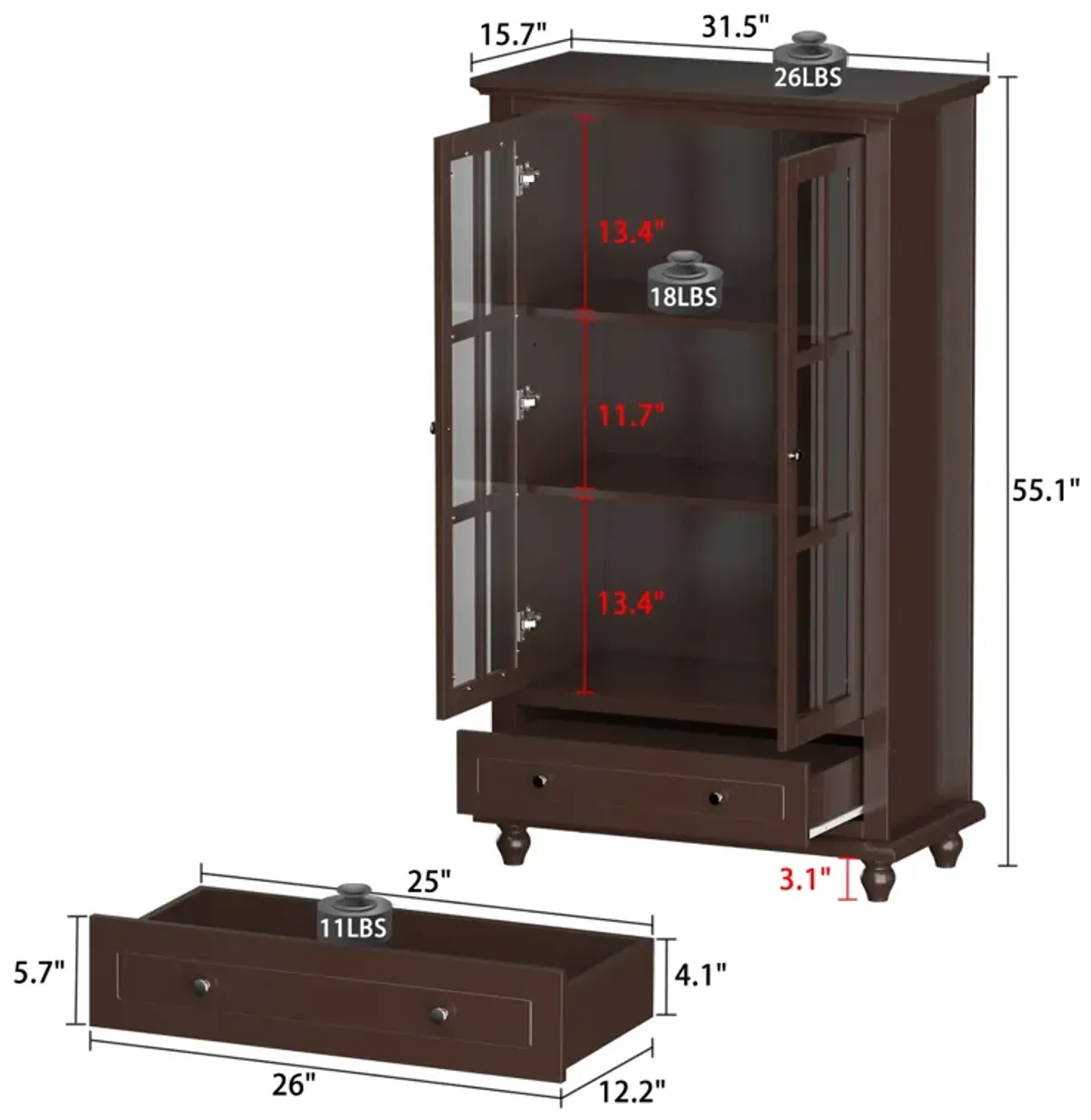 Brown Wood Freestanding Storage Cabinet with Tempered Glass Doors, Adjustable Shelves and Drawer