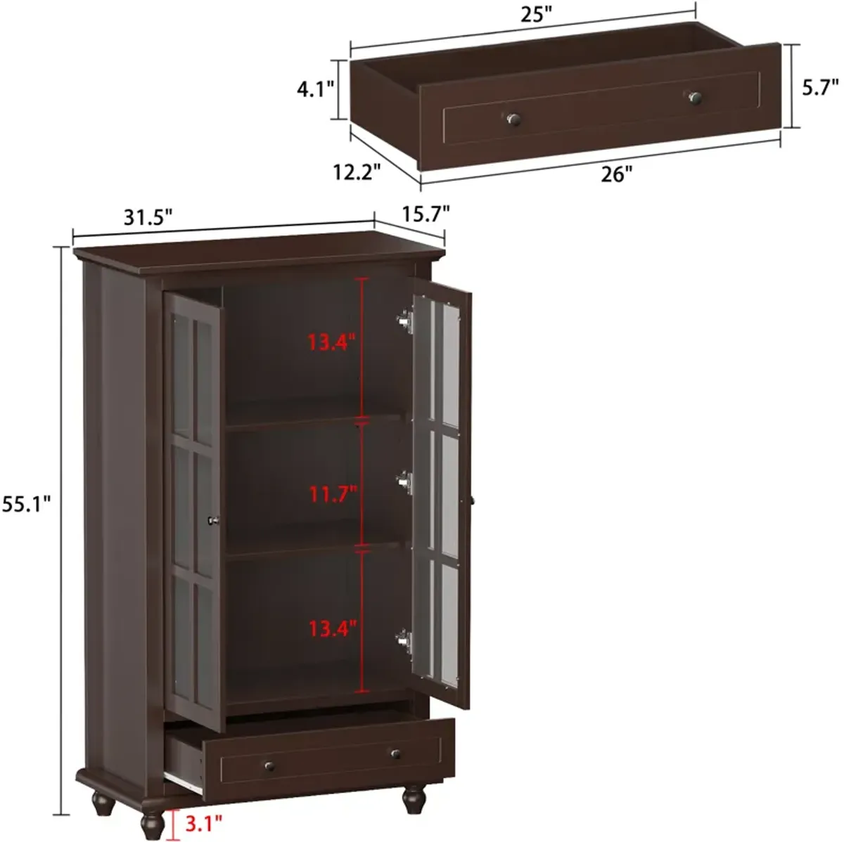 Brown Wood Freestanding Storage Cabinet with Tempered Glass Doors, Adjustable Shelves and Drawer