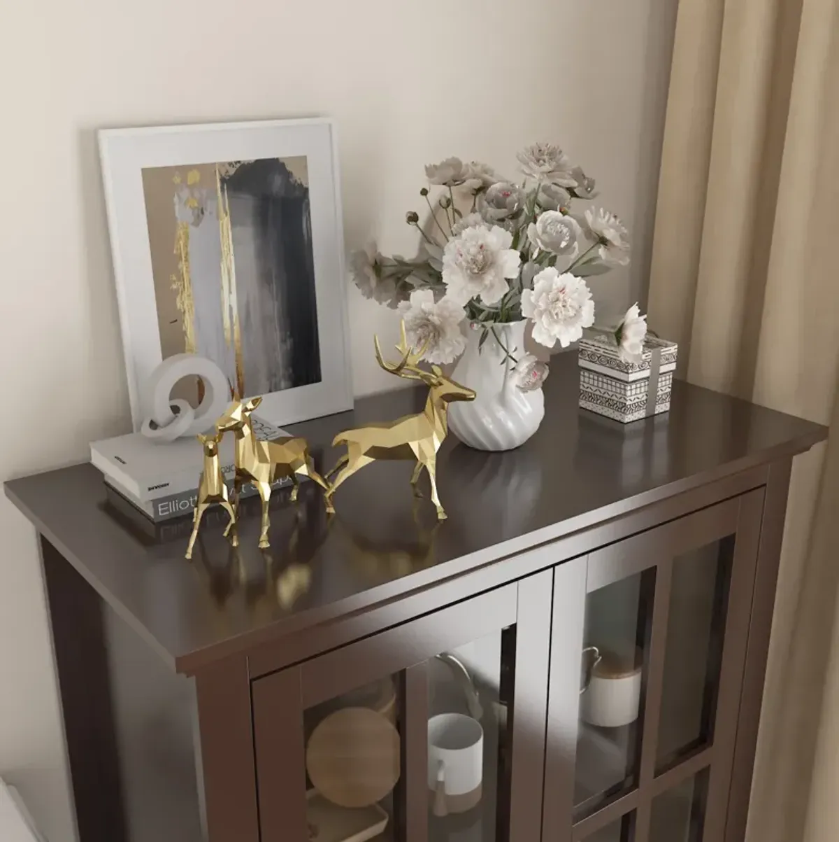 Brown Wood Freestanding Storage Cabinet with Tempered Glass Doors, Adjustable Shelves and Drawer