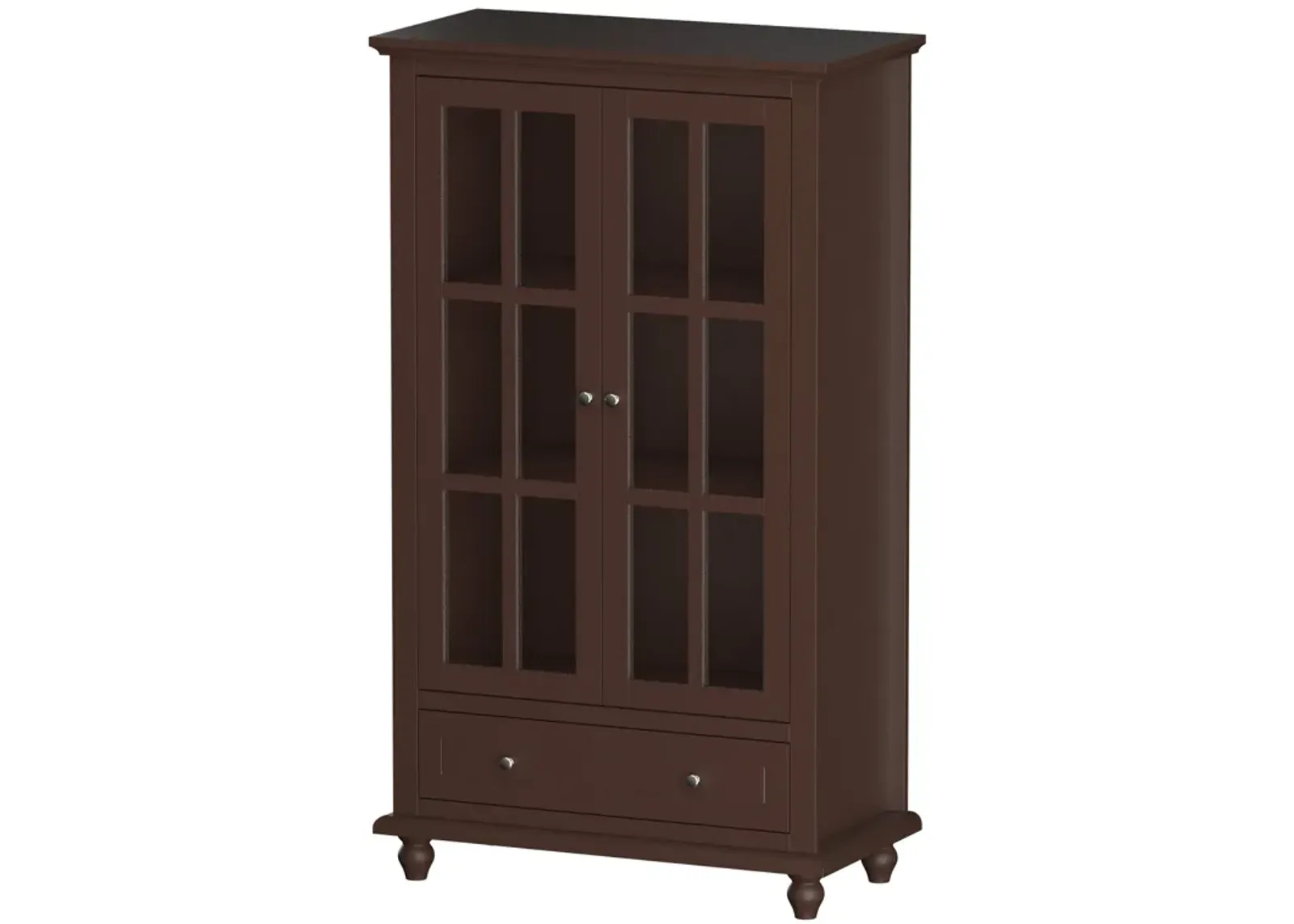 Brown Wood Freestanding Storage Cabinet with Tempered Glass Doors, Adjustable Shelves and Drawer