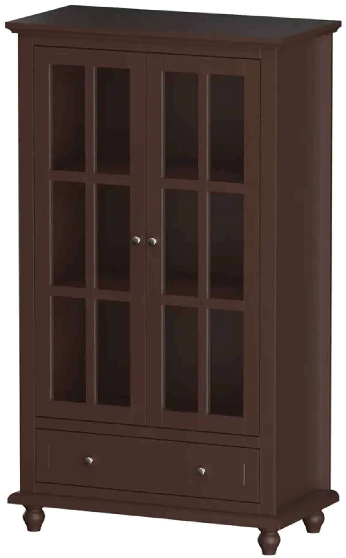 Brown Wood Freestanding Storage Cabinet with Tempered Glass Doors, Adjustable Shelves and Drawer