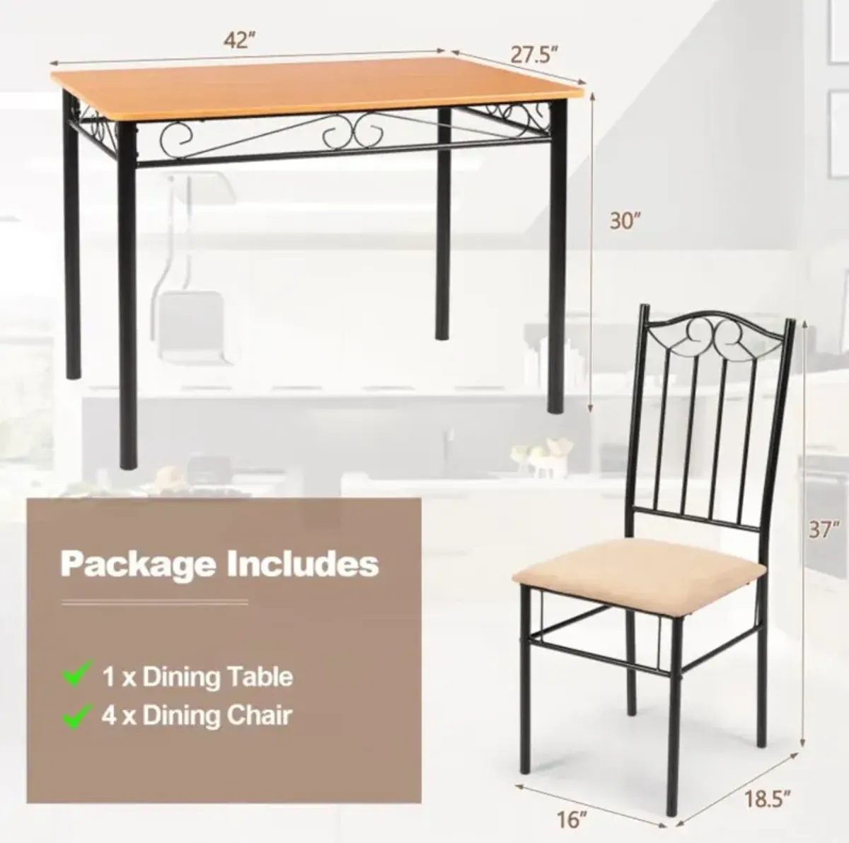 Hivvago 5 Pieces Dining Set Wooden Table and 4 Cushioned Chairs