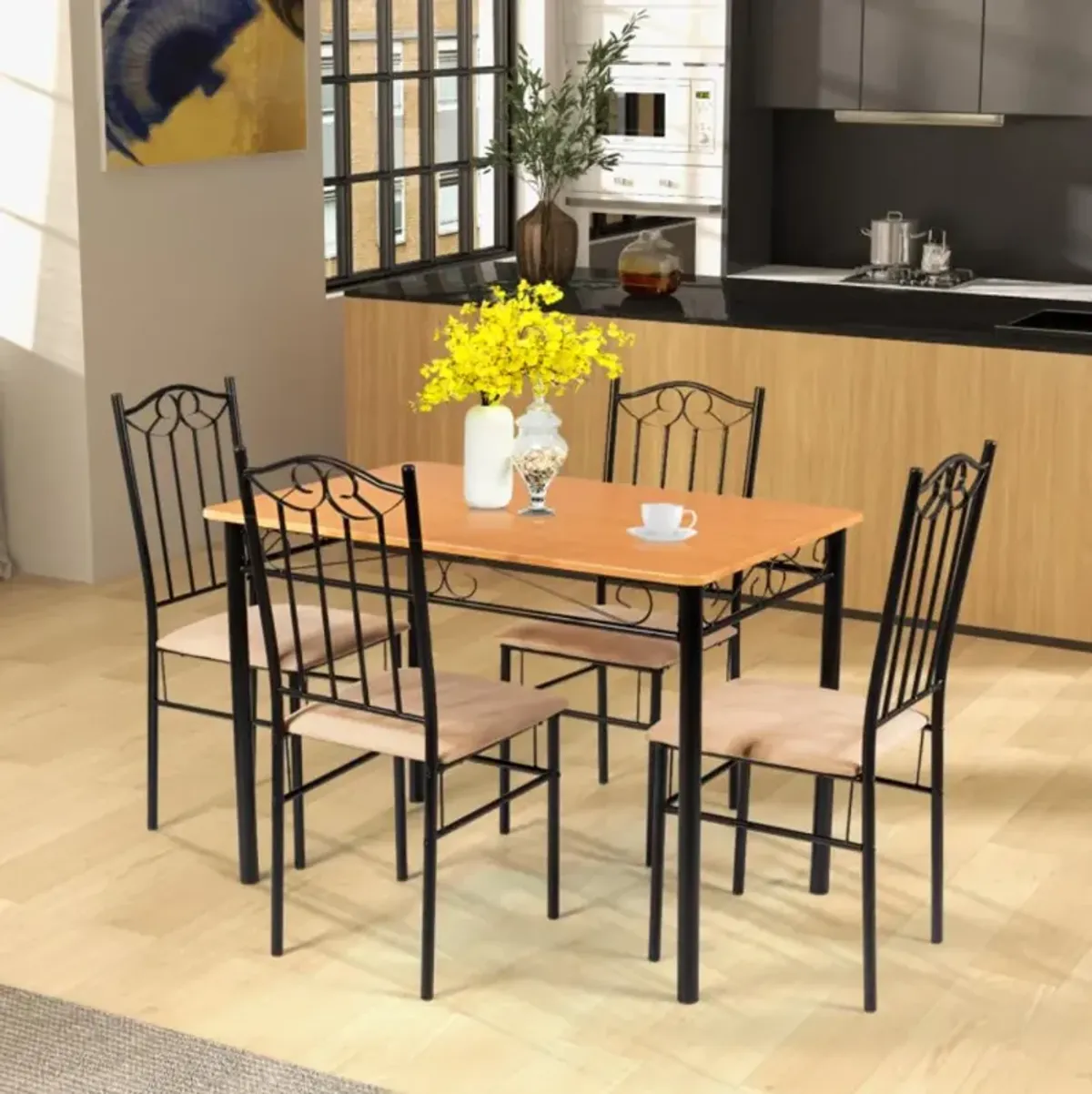 Hivvago 5 Pieces Dining Set Wooden Table and 4 Cushioned Chairs