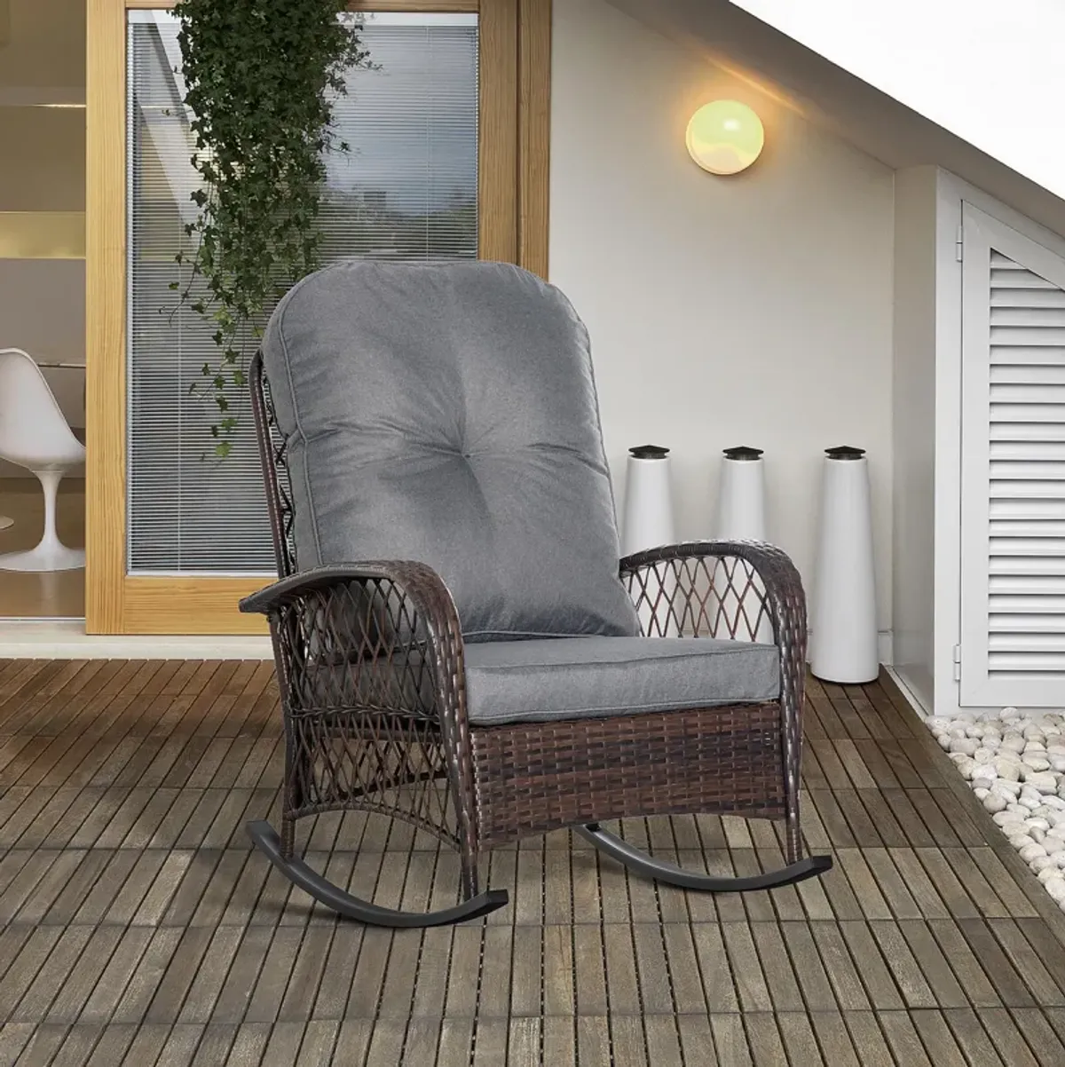 Gray Garden Rocker: Patio Wicker Chair with Thick Cushions