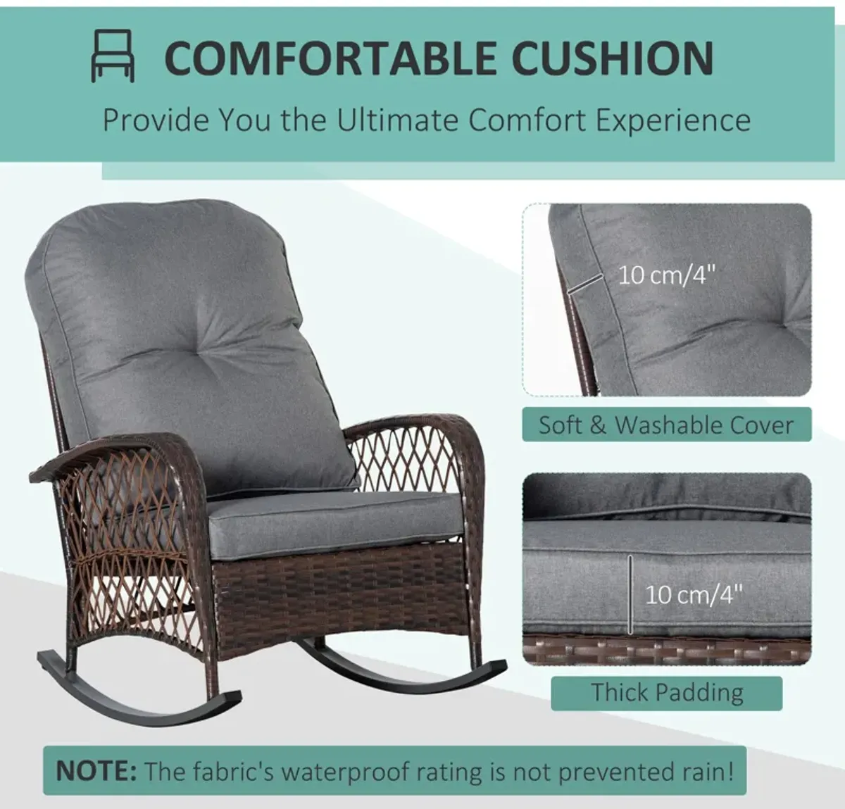 Gray Garden Rocker: Patio Wicker Chair with Thick Cushions