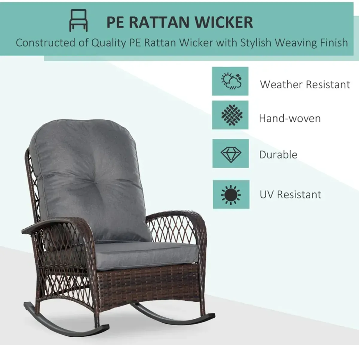 Gray Garden Rocker: Patio Wicker Chair with Thick Cushions