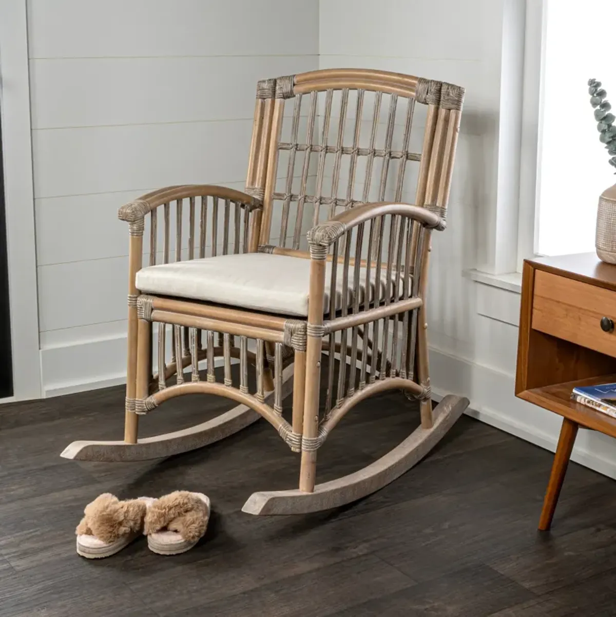 Swayze Bohemian Farmhouse Woven Rattan/Wood Rocking Chair