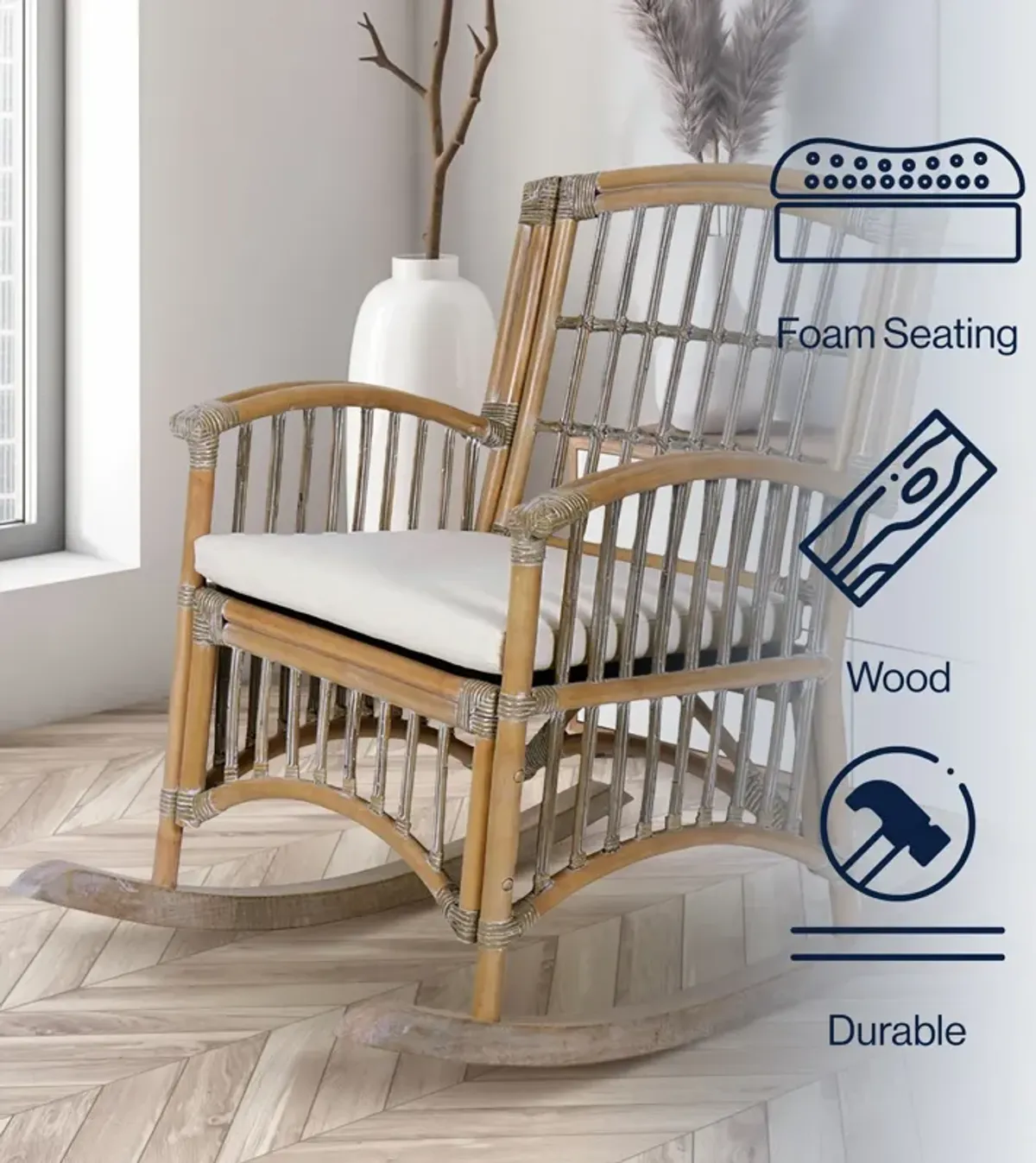 Swayze Bohemian Farmhouse Woven Rattan/Wood Rocking Chair