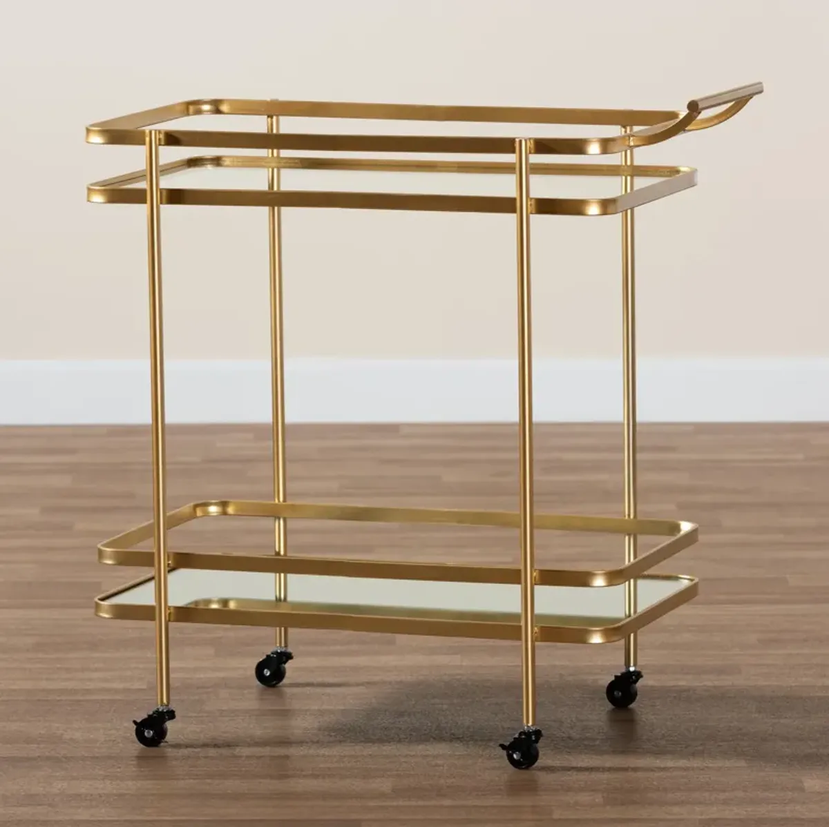 Baxton Studio Destin Glam Brushed Gold Finished Metal 2 Tier Mobile Wine Bar Cart