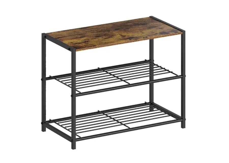 2-Shelf Entryway Shoe Rack Bench with Black Metal Frame and Brown Wood Top