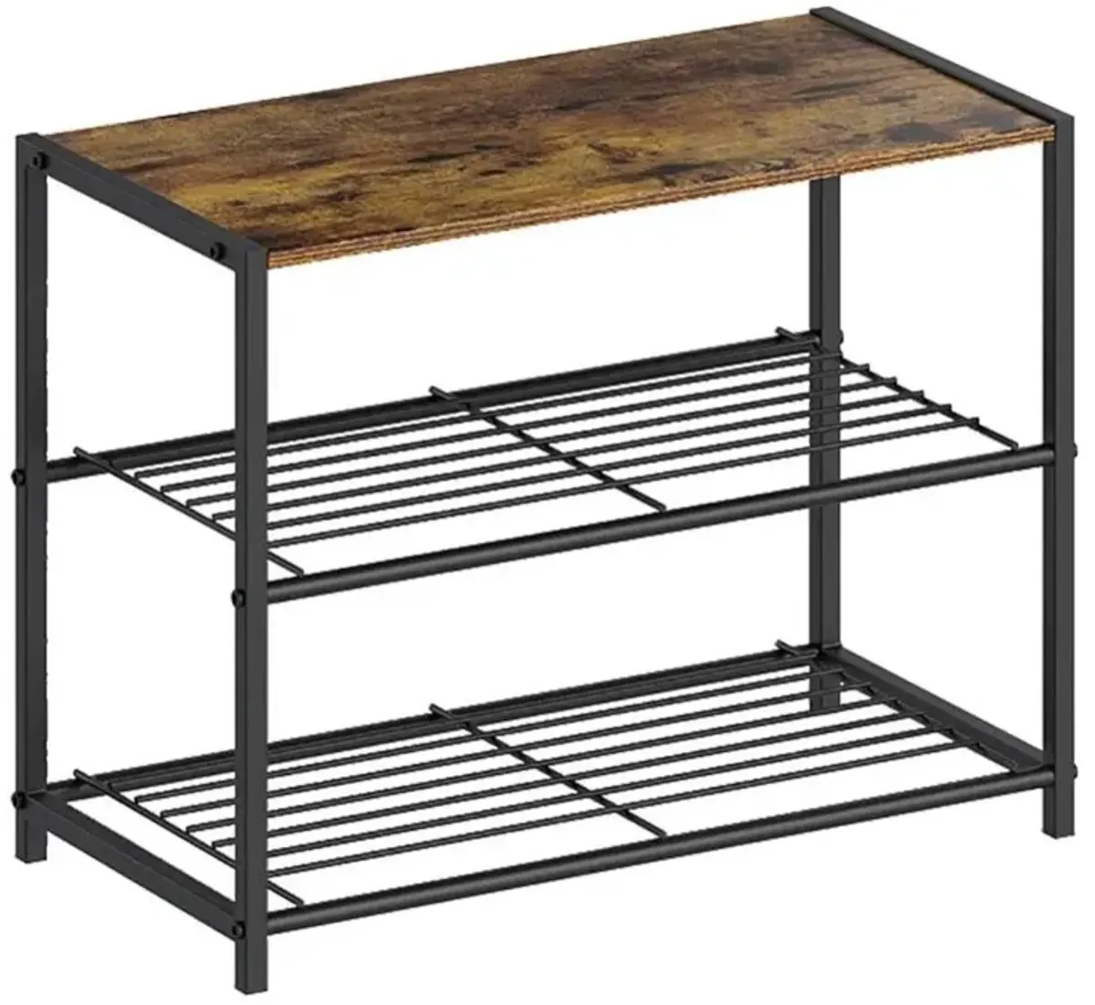 2-Shelf Entryway Shoe Rack Bench with Black Metal Frame and Brown Wood Top