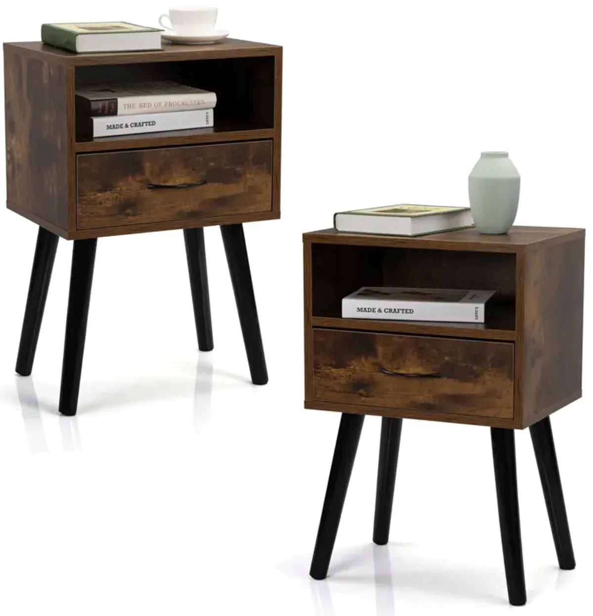 Mid Century Nightstands with Drawer - Rustic Brown