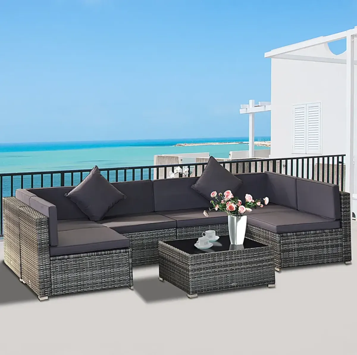 7 Piece Set Rattan Sofa Luxury Modular Conversation Outdoor Furniture, Beige