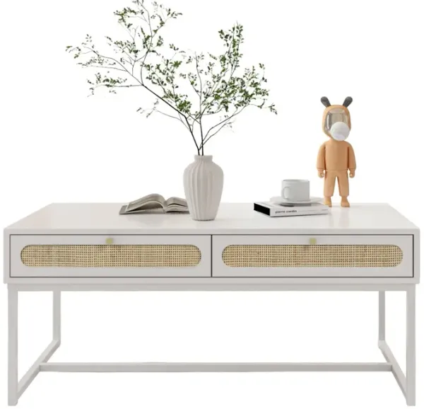 Rattan Drawer Coffee Table - Modern Furniture Decor for Living Room Reception - Easy Assembly, Rectangular - Unique Design, Brown, 2 Drawers