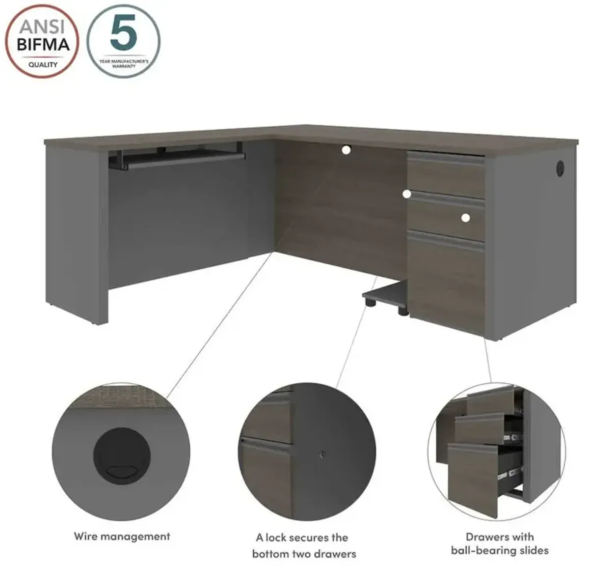 Bestar Prestige + L-shaped workstation including one pedestal in Bark Gray & Slate