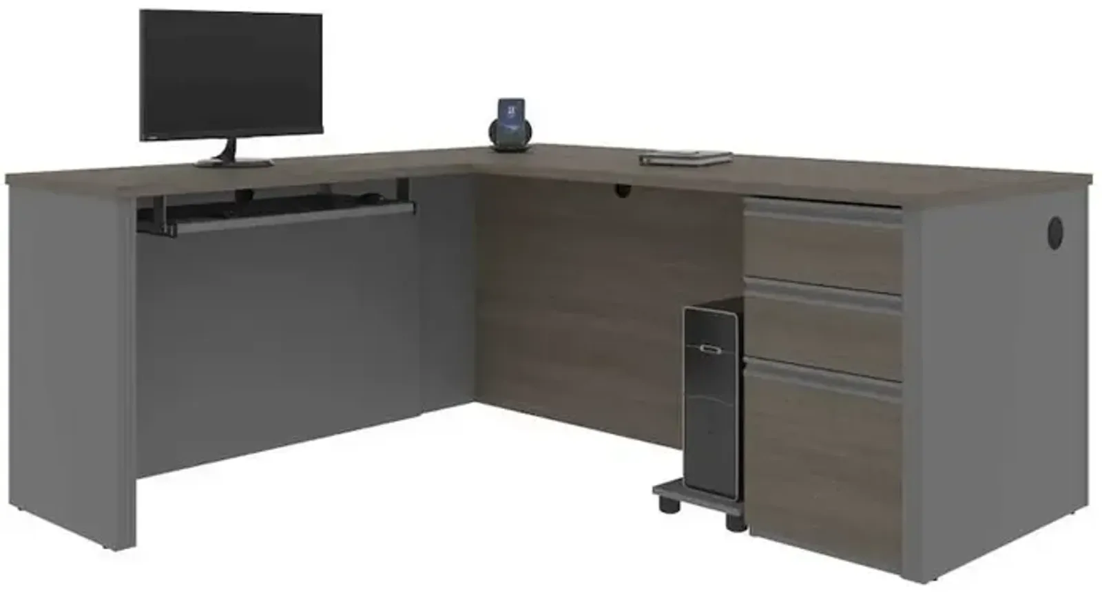 Bestar Prestige + L-shaped workstation including one pedestal in Bark Gray & Slate