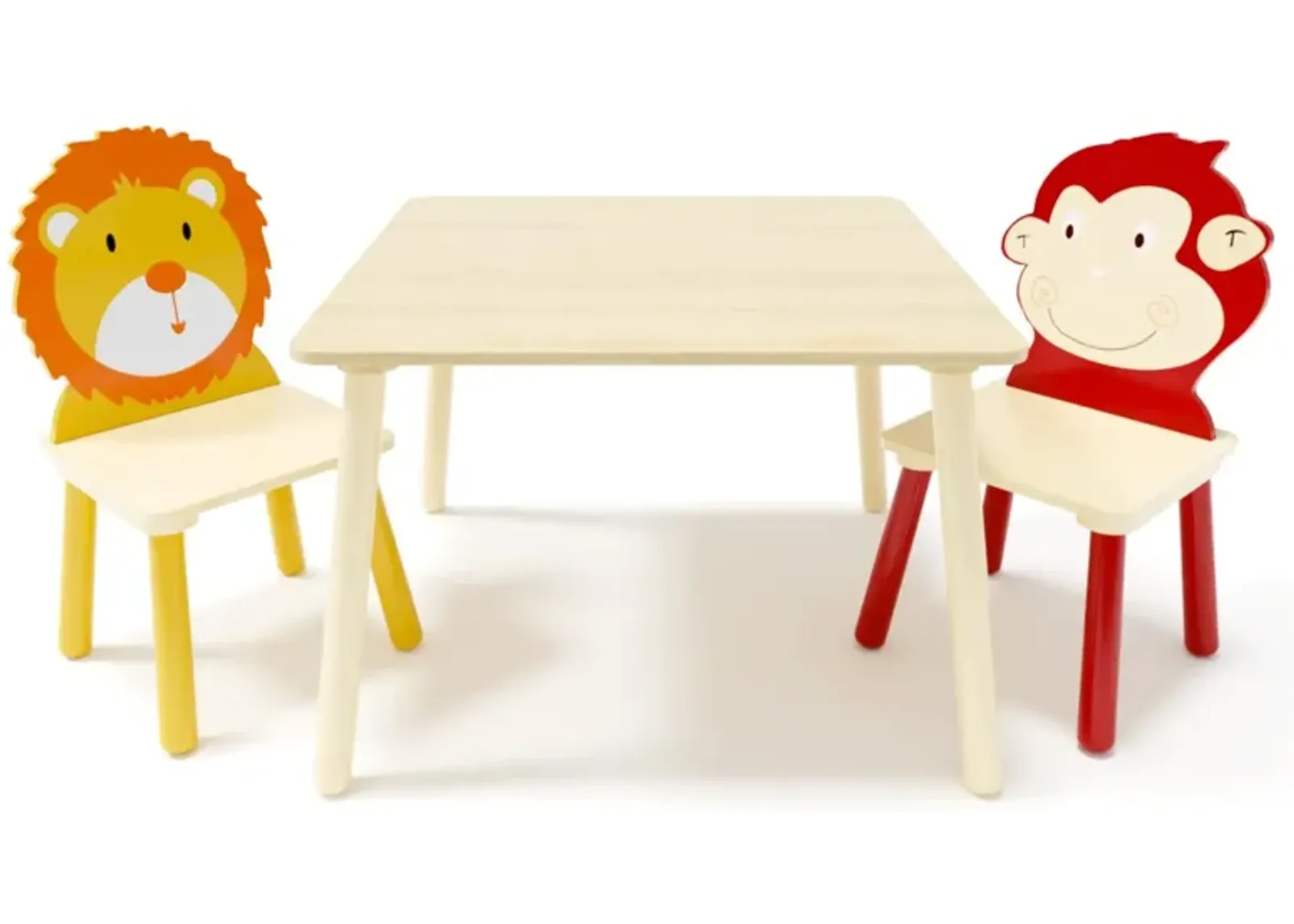 Hivvago Animal Designed Kid's Wooden Table with 2 Chair Set Activity Play Table Set (Lion Monkey)