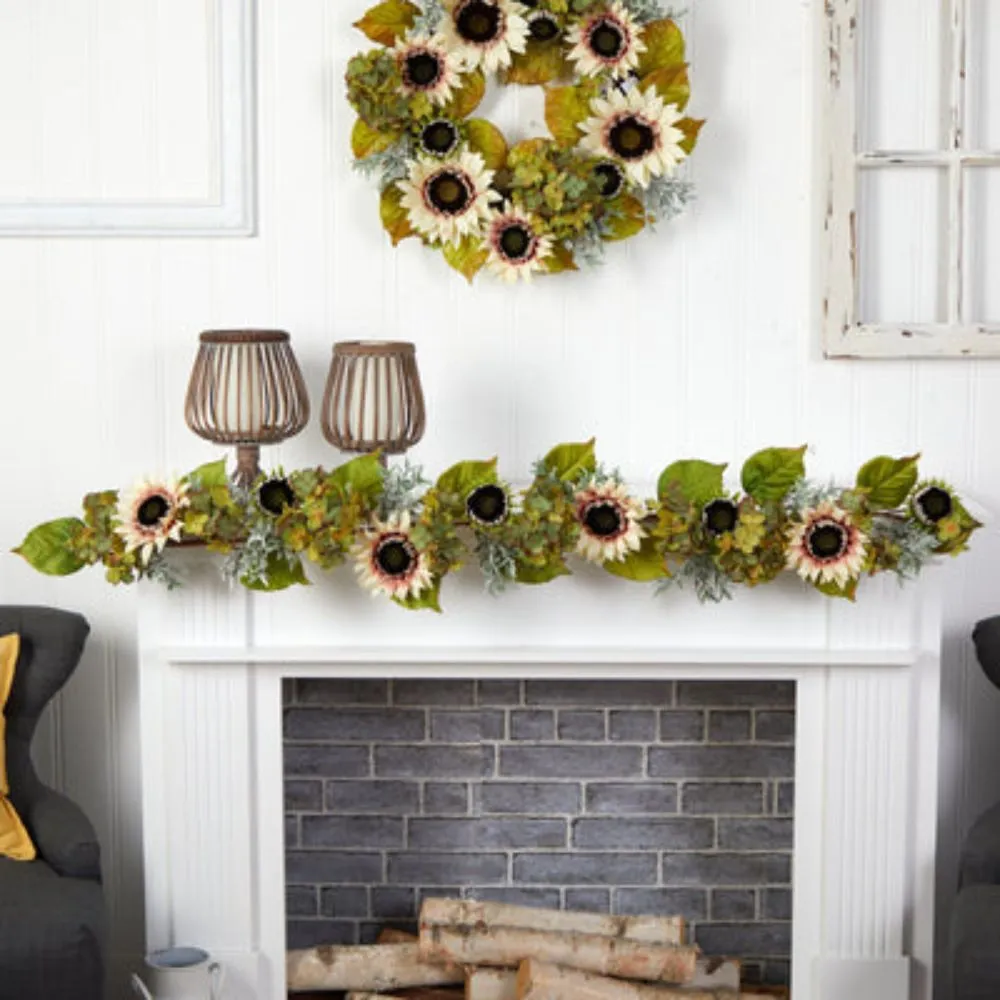 HomPlanti 5" White Sunflower and Hydrangea Artificial Garland