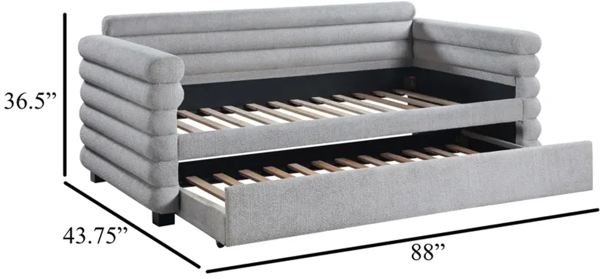 Ricia Twin Daybed with Twin Trundle, Layer Bolster Design, Gray Boucle - Benzara