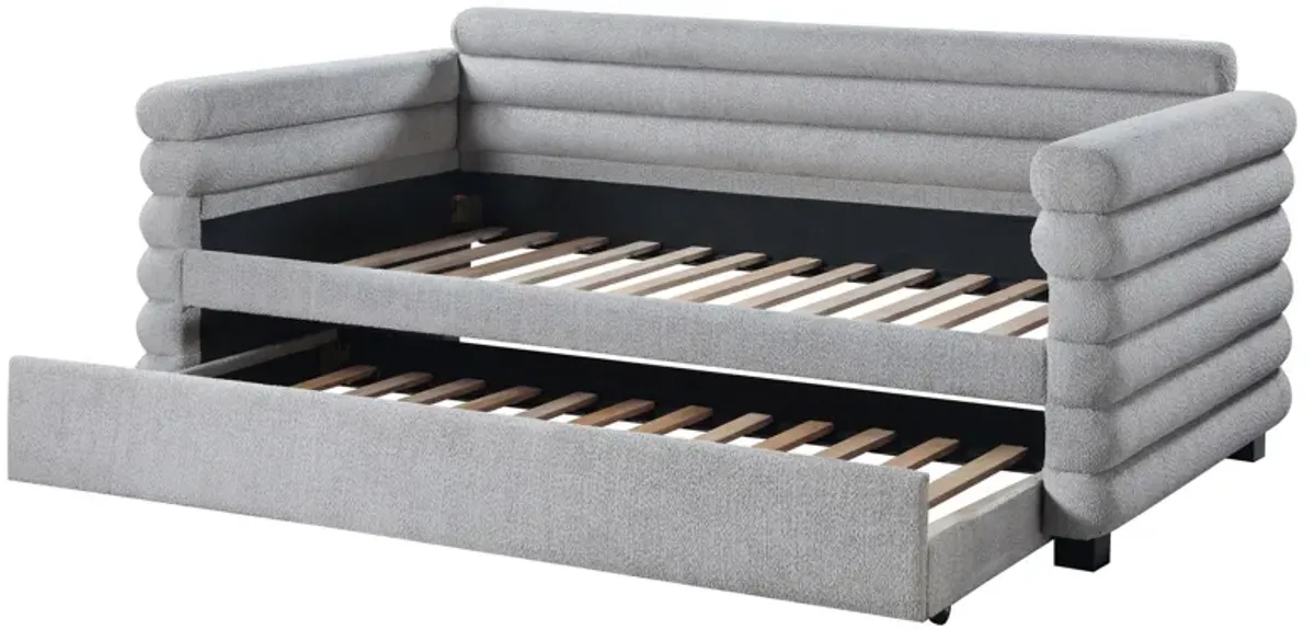 Ricia Twin Daybed with Twin Trundle, Layer Bolster Design, Gray Boucle - Benzara