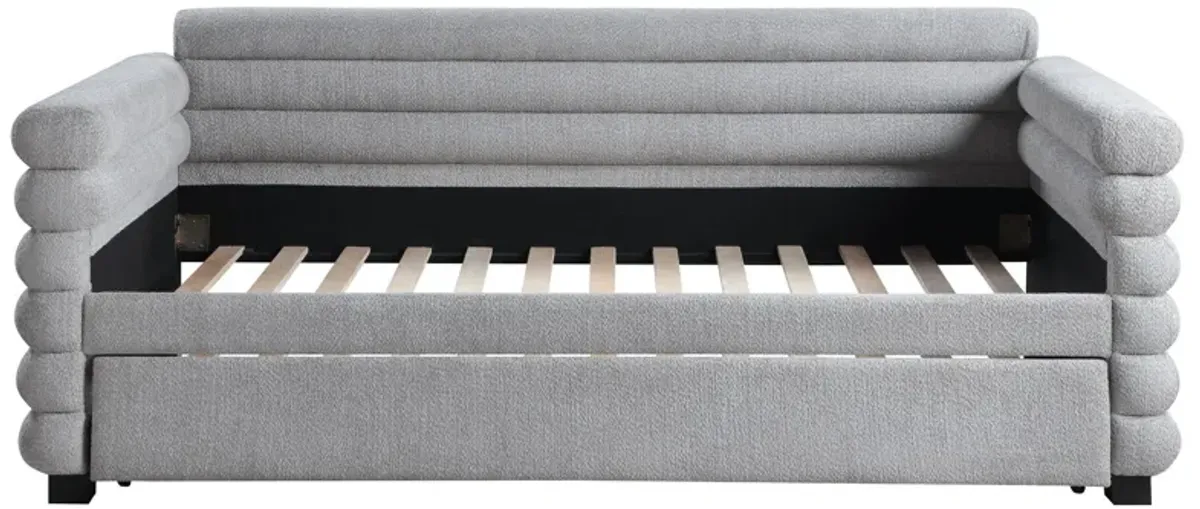 Ricia Twin Daybed with Twin Trundle, Layer Bolster Design, Gray Boucle - Benzara