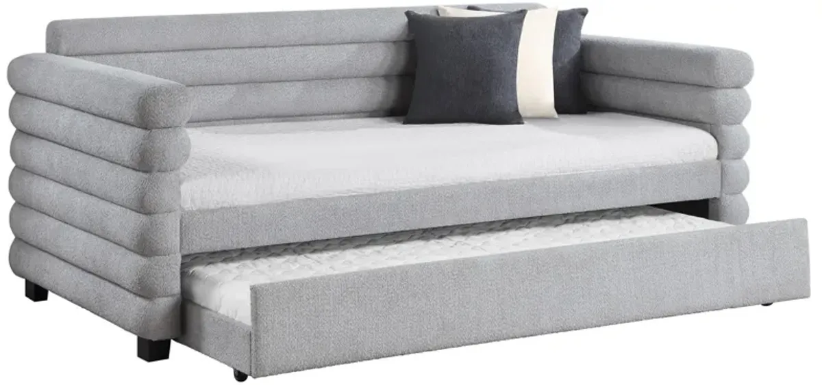 Ricia Twin Daybed with Twin Trundle, Layer Bolster Design, Gray Boucle - Benzara