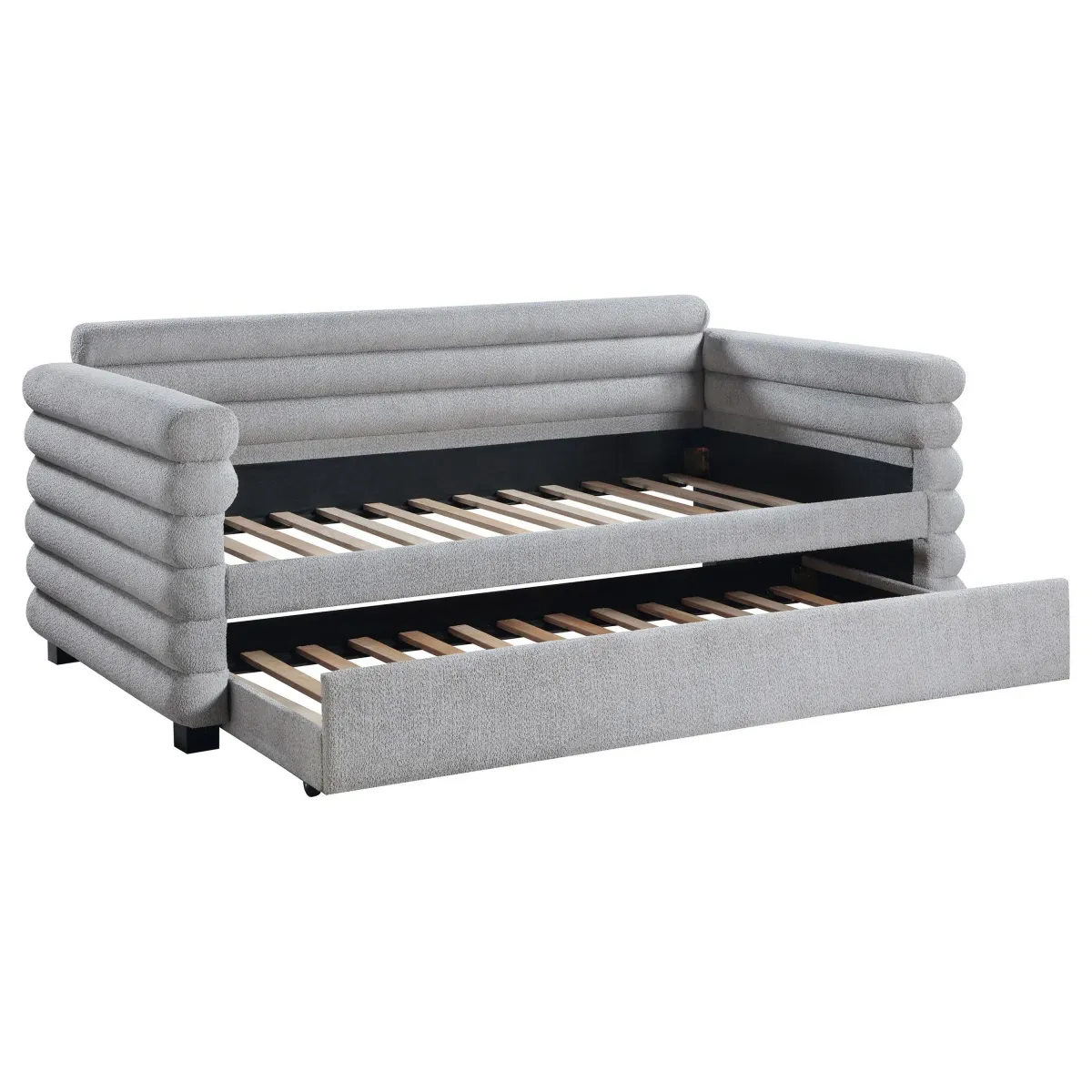 Ricia Twin Daybed with Twin Trundle, Layer Bolster Design, Gray Boucle - Benzara