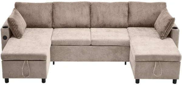 111.8" Sectional Sofa Pull-out Sofa Bed Versatile Sofa Sleeper with Large Storage Space, Two USB Ports and Two Cup Holders for Living Room