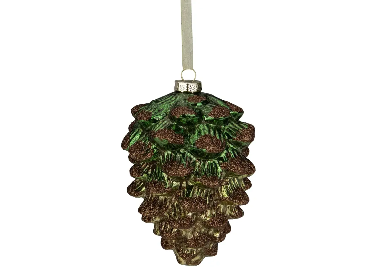 4.5" Green Pine Cone with Bronze Glitter Glass Christmas Ornament