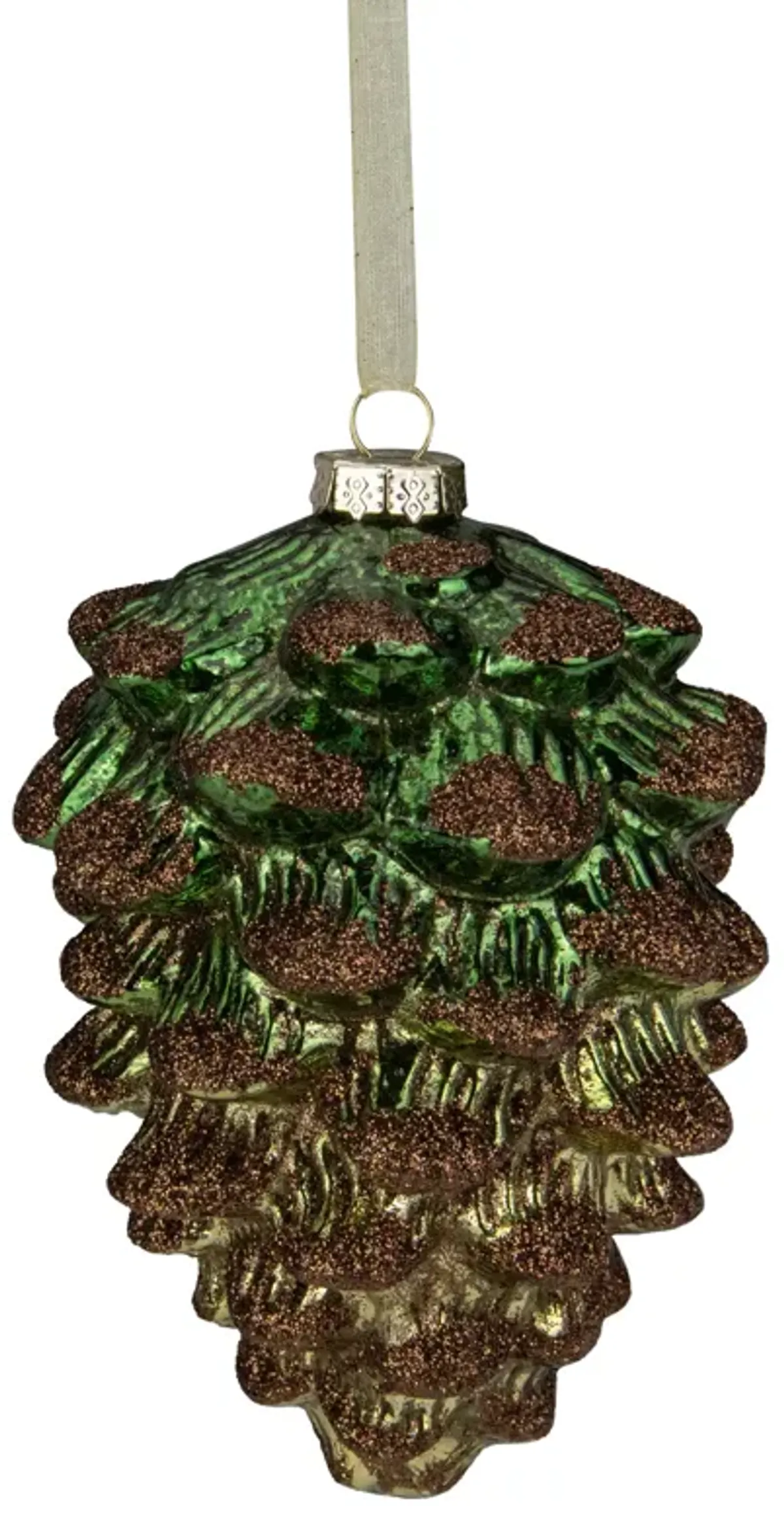 4.5" Green Pine Cone with Bronze Glitter Glass Christmas Ornament