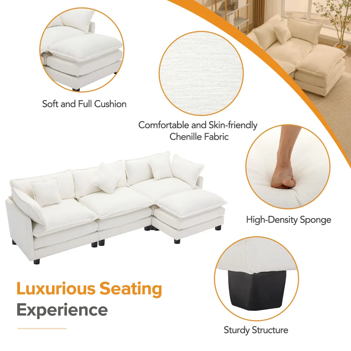 Gewnee  L-Shape Chenille Upholstered Sofa with Ottoman, 5 Pillows, Beige