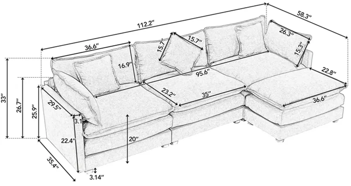 Gewnee  L-Shape Chenille Upholstered Sofa with Ottoman, 5 Pillows, Beige