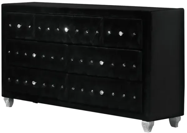 Benjara Zoha 59 Inch Wide Dresser Chest, 7 Drawer, Solid Wood, Upholstery, Black and Silver