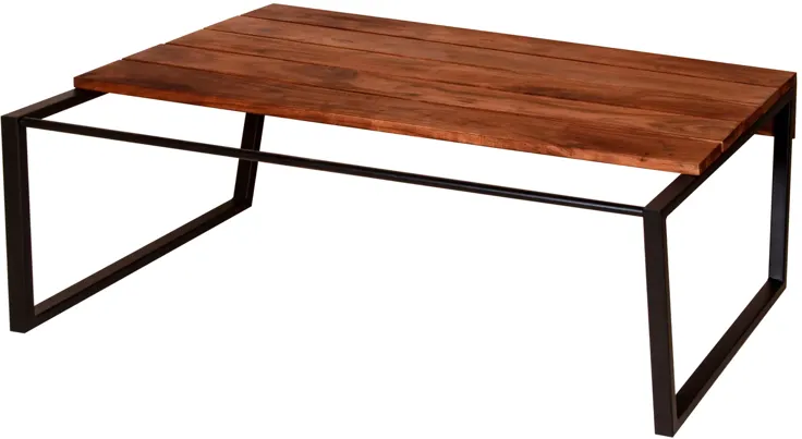 41.7 Inch Rectangular Coffee Table with Plank Style Top, Metal Frame, Brown and Black-Benzara