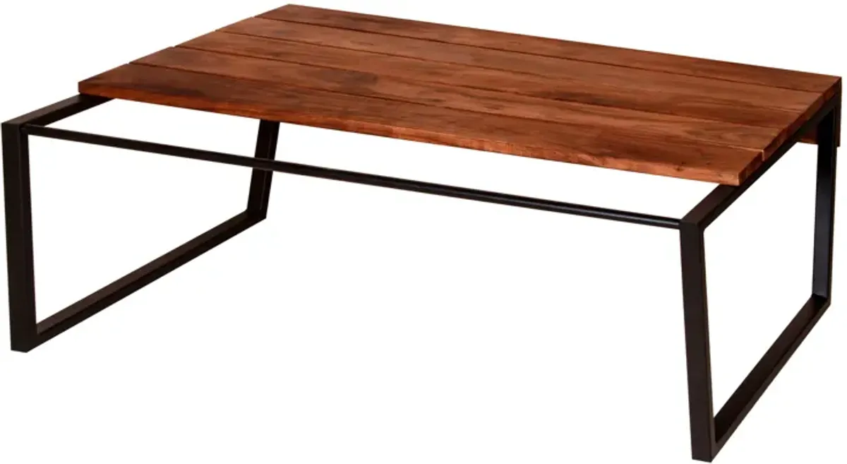 41.7 Inch Rectangular Coffee Table with Plank Style Top, Metal Frame, Brown and Black-Benzara