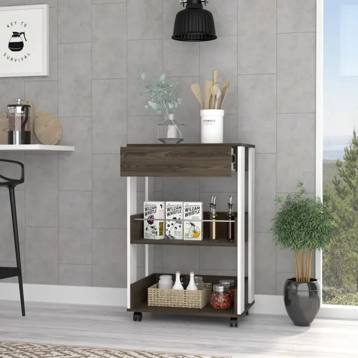 Dering 1-Drawer 2-Shelf Kitchen Cart With Caster White And Dark Walnut
