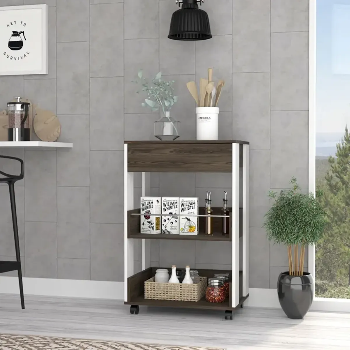 Dering 1-Drawer 2-Shelf Kitchen Cart With Caster White And Dark Walnut