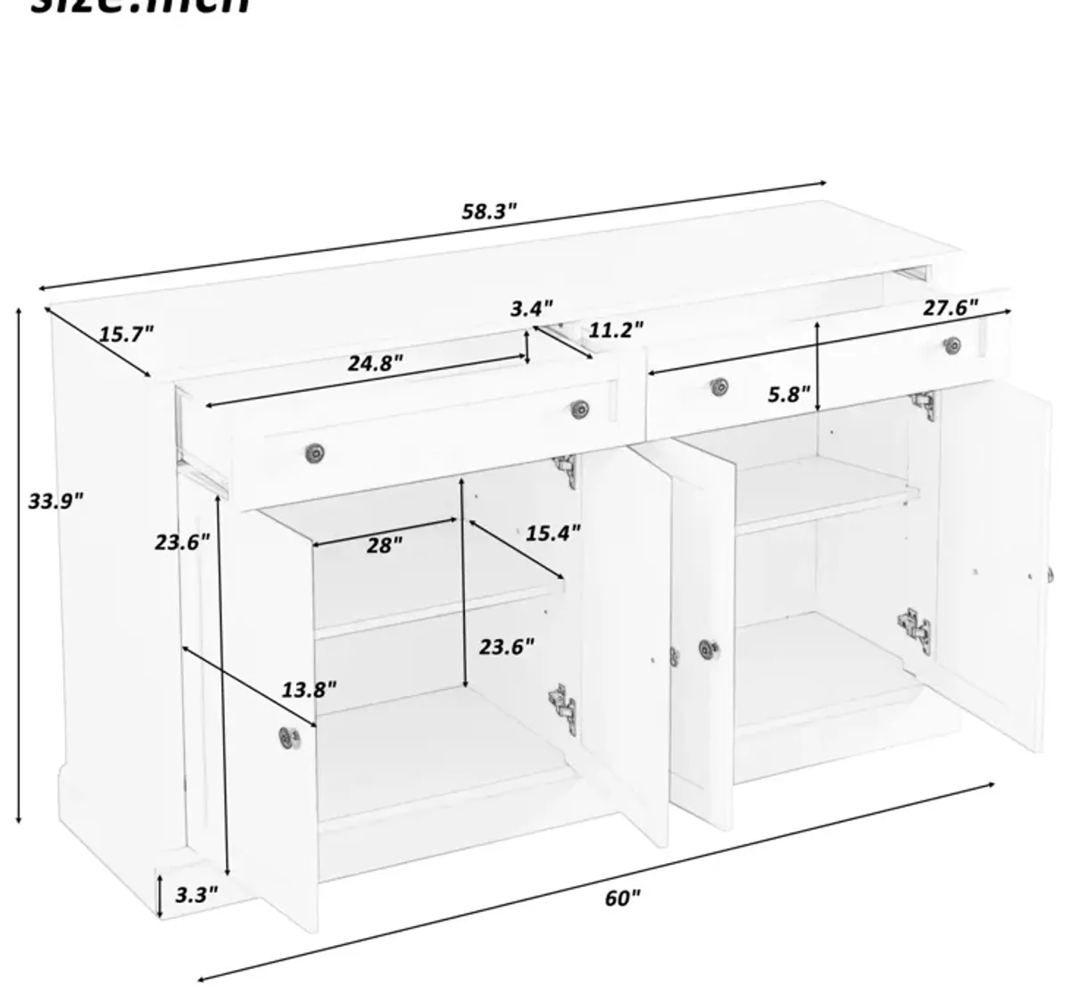 Kitchen Sideboard Storage Buffet Cabinet with 2 Drawers & 4 Doors Adjustable Shelves