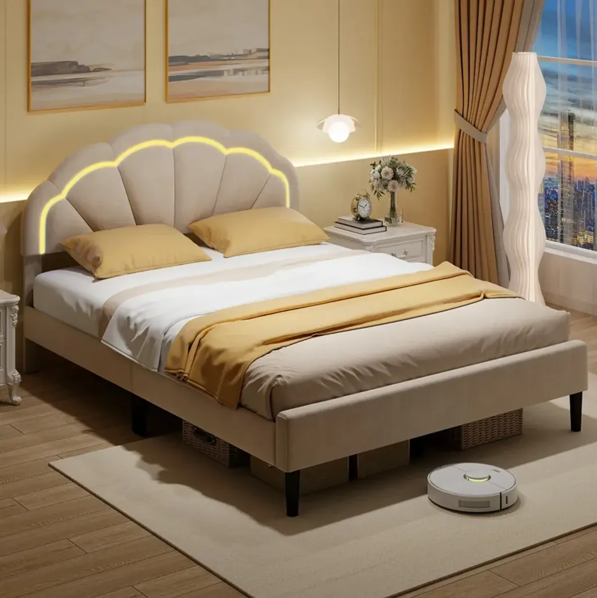 Upholstered LED Bed Frame with Adjustable Flower Headboard and Metal Support Feet