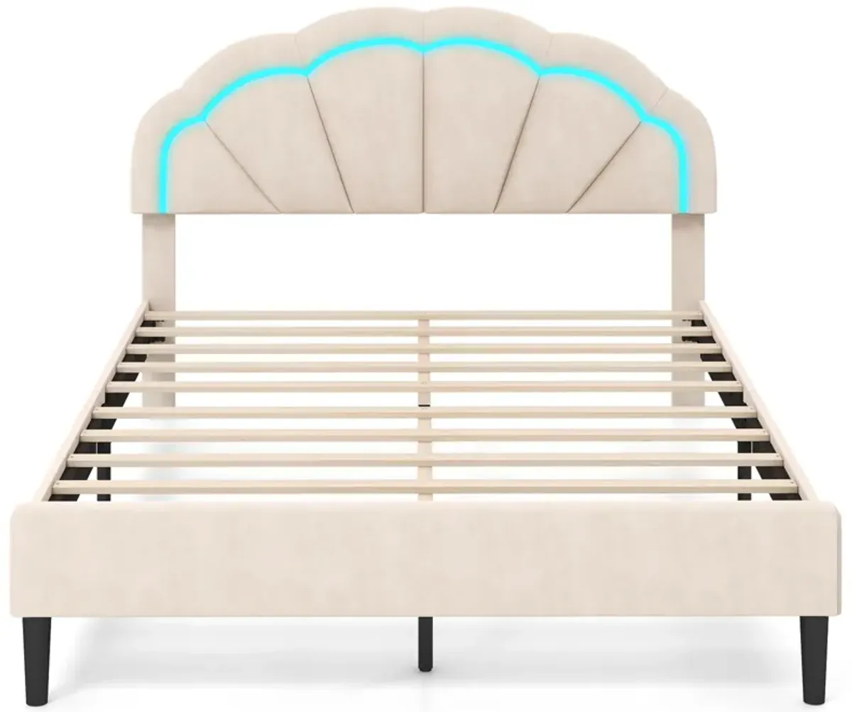 Upholstered LED Bed Frame with Adjustable Flower Headboard and Metal Support Feet