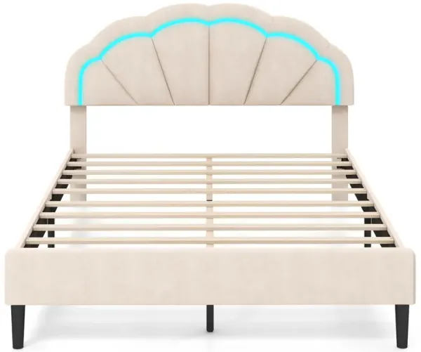 Upholstered LED Bed Frame with Adjustable Flower Headboard and Metal Support Feet