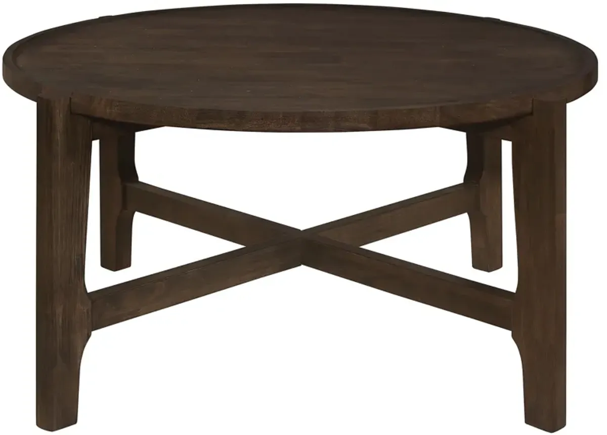 Katie Coffee Table, Round 38 Inch Top, Dark Brown Wood, Cross Beam Legs - Benzara