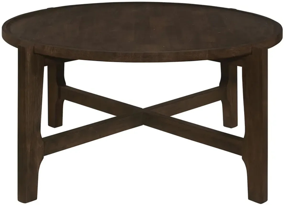 Katie Coffee Table, Round 38 Inch Top, Dark Brown Wood, Cross Beam Legs - Benzara