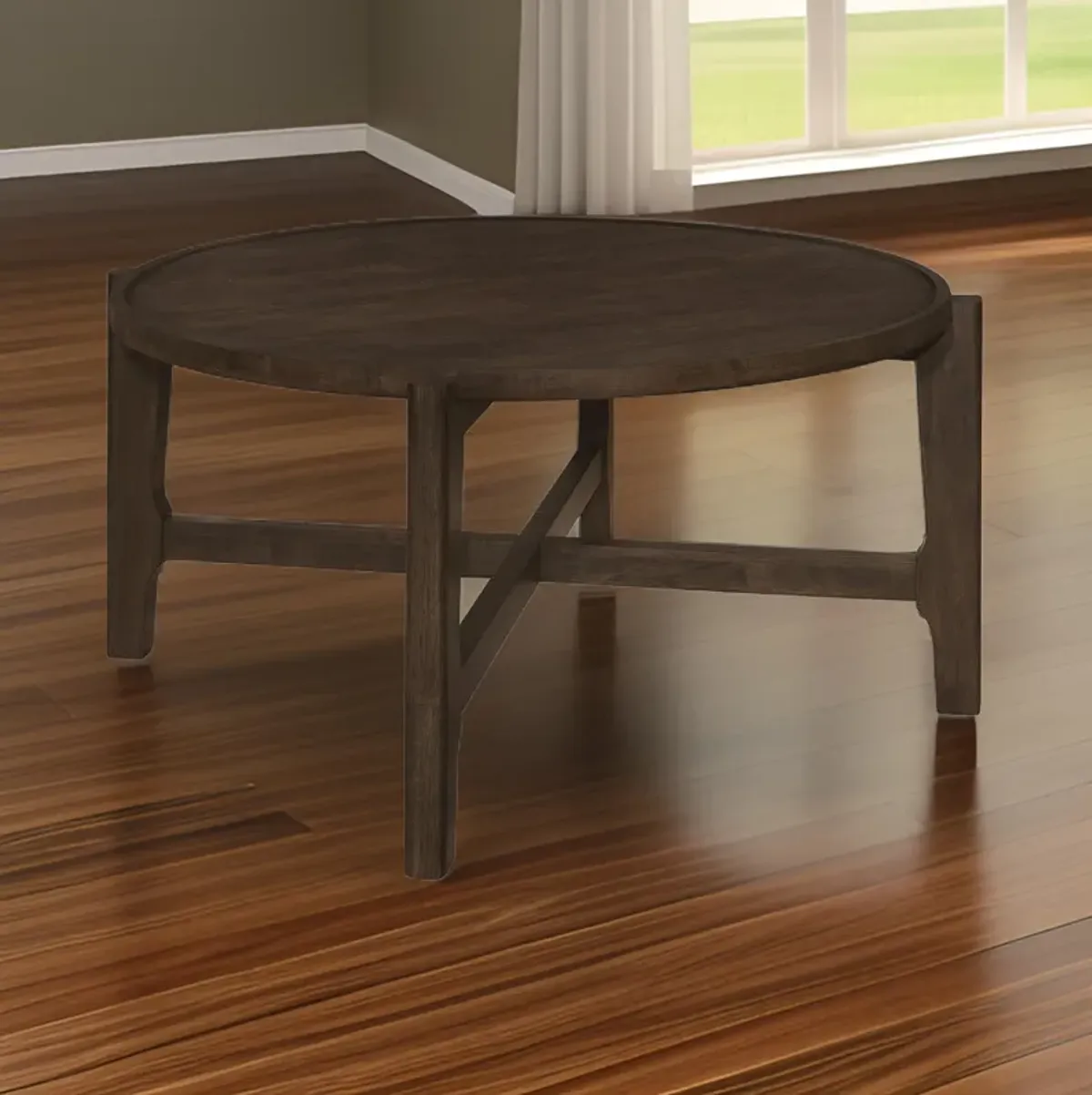 Katie Coffee Table, Round 38 Inch Top, Dark Brown Wood, Cross Beam Legs - Benzara